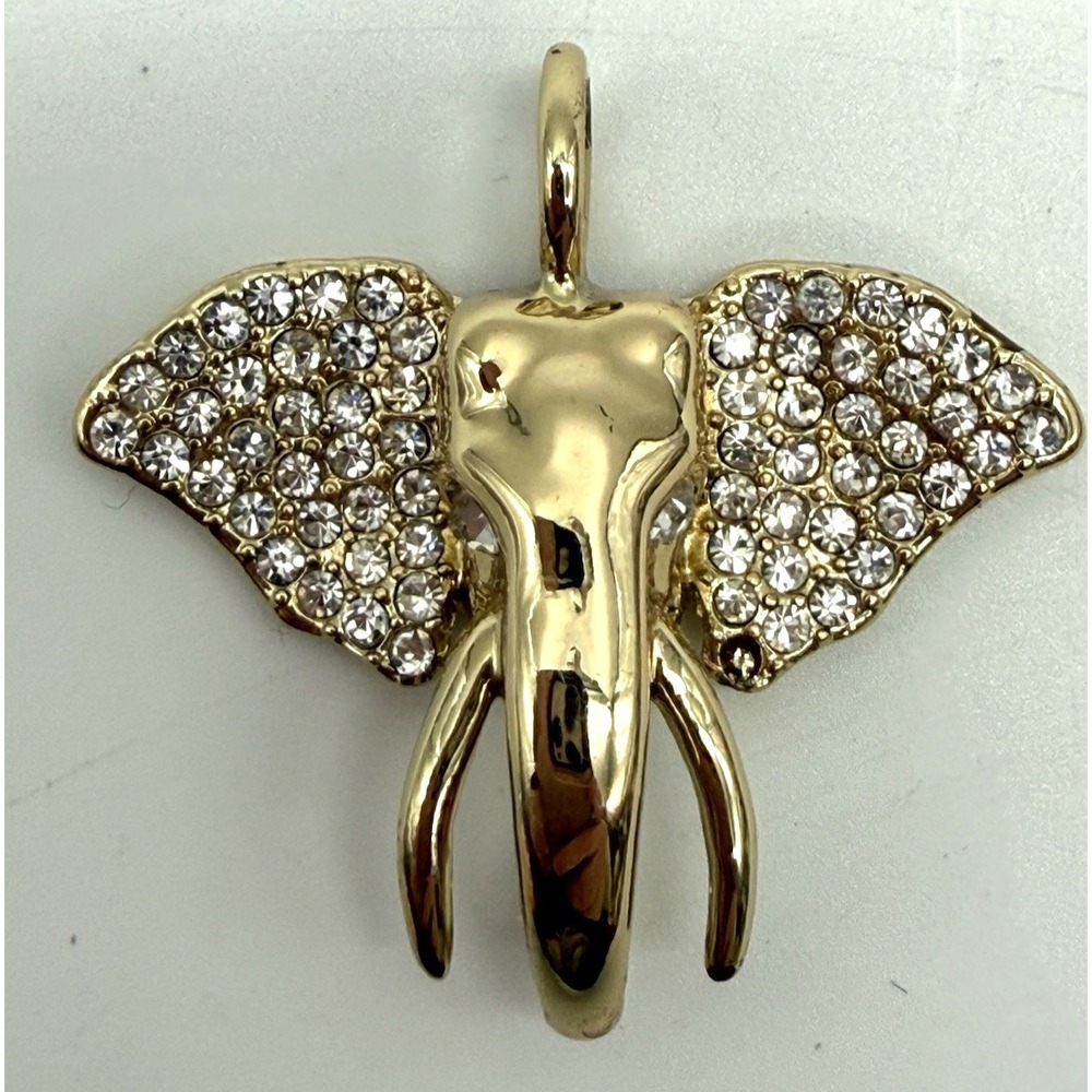 Elephant‎ Head Pendant Gold Tone with Clear Crystals in Ears & Eyes 1.5" x 1.5"